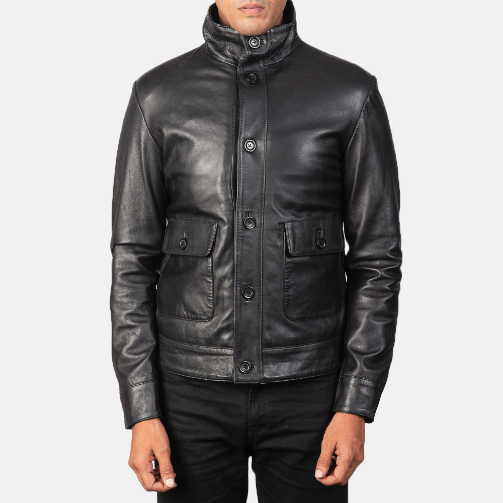 Norman Black Hooded Bomber Leather Puffer Jacket - Vue de profil avec coupe de manche ergonomique