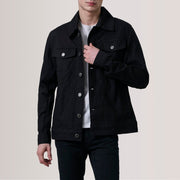 Conard Noir Denim Trucker Veste en Cuir pour Homme For Men in Black Full-Grain Leather - Vue de face &amp; silhouette ajustée | Acheter en ligne