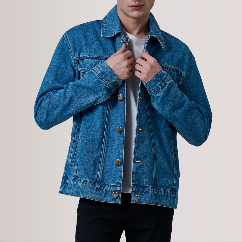 Conard Bleu Denim Trucker Veste en Cuir pour Homme