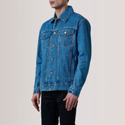 
Conard Bleu Denim Trucker Veste en Cuir pour Homme For Men - Vue de profil mettant en valeur la coupe de manche ergonomique