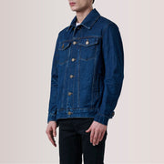 Conard Dark Bleu Denim Trucker Veste en Cuirpour Homme For Men - Vue de profil mettant en valeur la coupe de manche