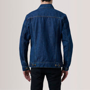 Vue détaillée of Classic Collar &amp; Heavy-Duty Zipper Hardware on Conard Dark Bleu Denim Trucker Veste en Cuirpour Homme For Men