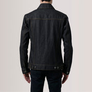 
Vue détaillée of Classic Collar & Heavy-Duty Zipper Hardware on Conard Faded Noir Denim Trucker Veste en Cuir pour Homme For Men