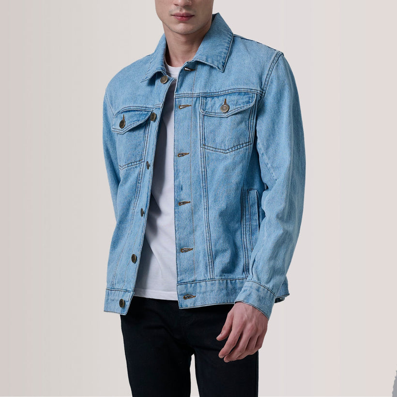 Conard Light Bleu Denim Trucker Veste en Cuir pour Homme
