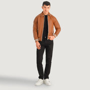 Cooper Camel Marron Leather Varsity Veste en Cuir pour Homme in Tan Brown Sheepskin Leather - Vue de face &amp; silhouette ajustée | Acheter en ligne