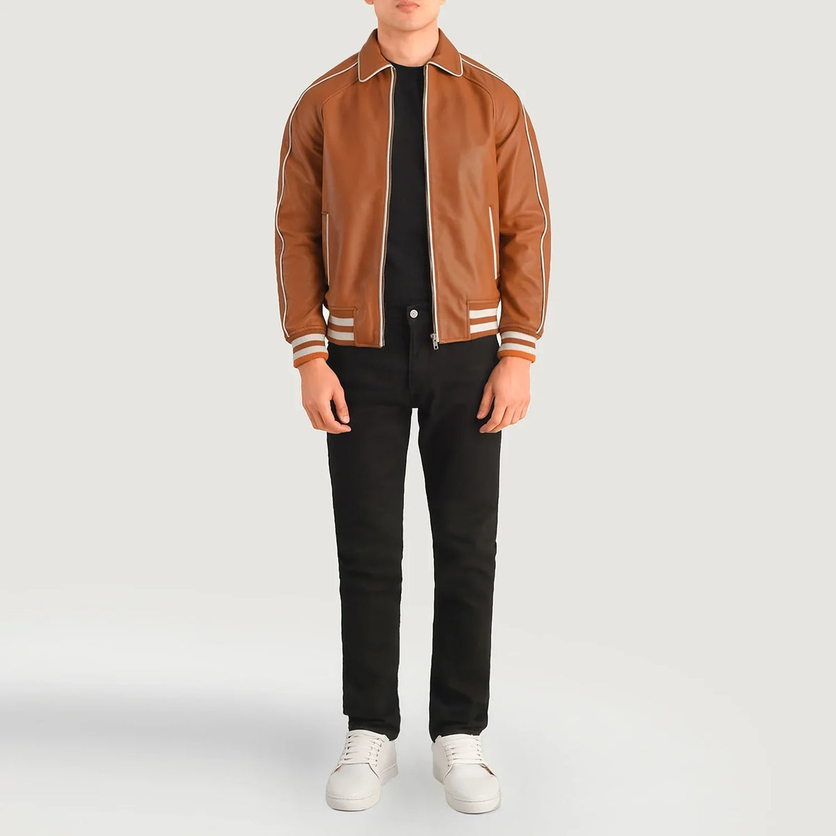 Cooper Camel Marron Leather Varsity Veste en Cuir pour Homme - Vue de profil avec coupe de manche ergonomique