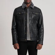 
Dallis Noir Leather Shearling Trucker Veste en Cuir pour Homme in Black Sheepskin Leather - Vue de face & silhouette ajustée | Acheter en ligne
