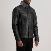
Black Sheepskin Leather Aviator Jacket - Vue arrière montrant la carrure ajustée et l'ourlet net