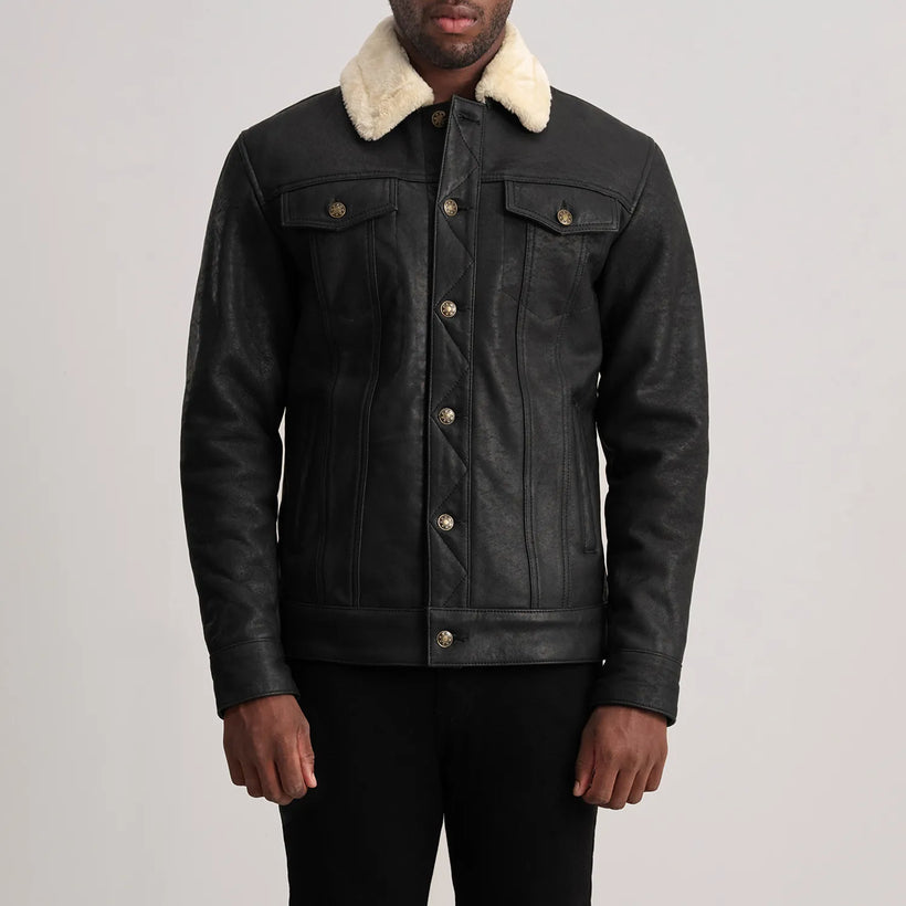 Dallis Noir Vieilli Leather Shearling Trucker Veste en Cuir pour Homme