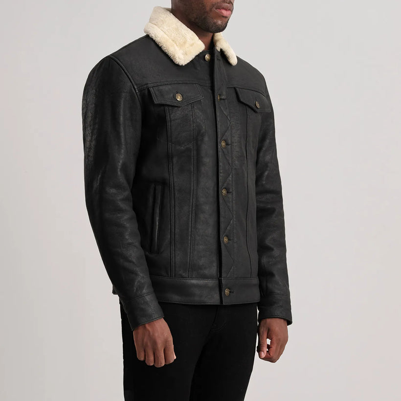 Dallis Noir Vieilli Leather Shearling Trucker Veste en Cuir pour Homme