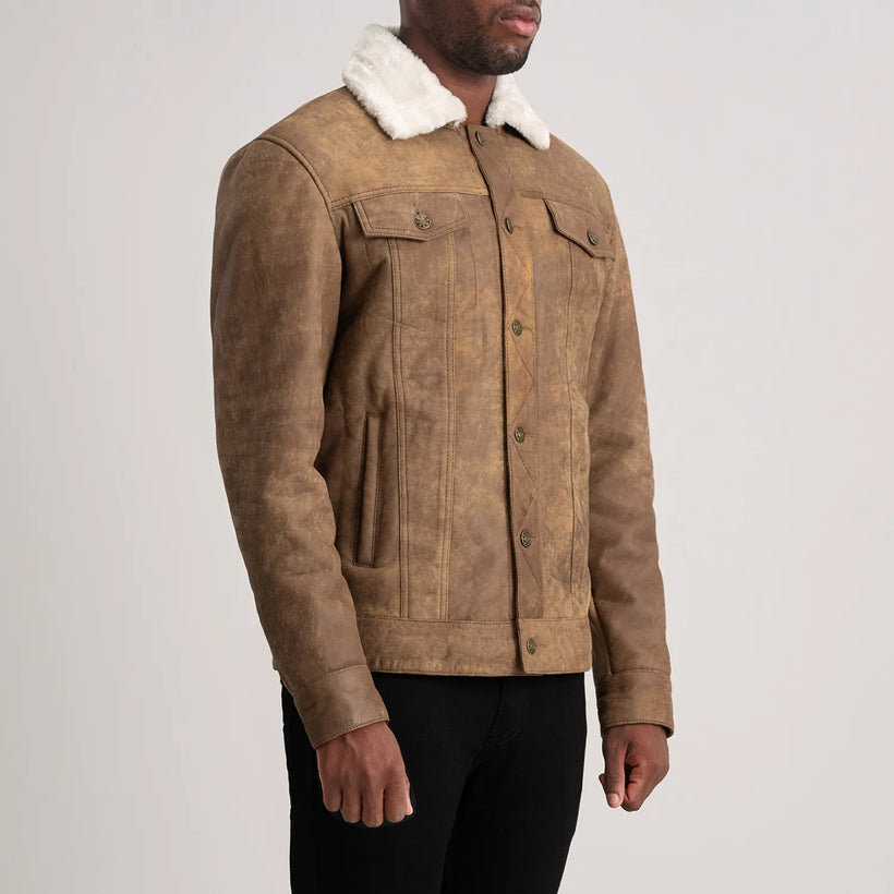 Dallis Marron Vieilli Leather Shearling Trucker Veste en Cuir pour Homme