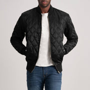 Black Satin Varsity Jacket - Vue de dos avec coupe ajustée aux épaules &amp; ourlet soigné