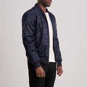 Blue Satin Varsity Jacket - Vue de dos avec coupe ajustée aux épaules &amp; ourlet soigné