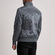 Vue détaillée of Varsity &amp; Zipper Hardware on Danson Matelassé Gris Varsity Veste en Cuir pour Homme