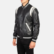 Black &amp; White Sheepskin Leather Varsity Jacket - Vue de dos avec coupe ajustée aux épaules &amp; ourlet soigné