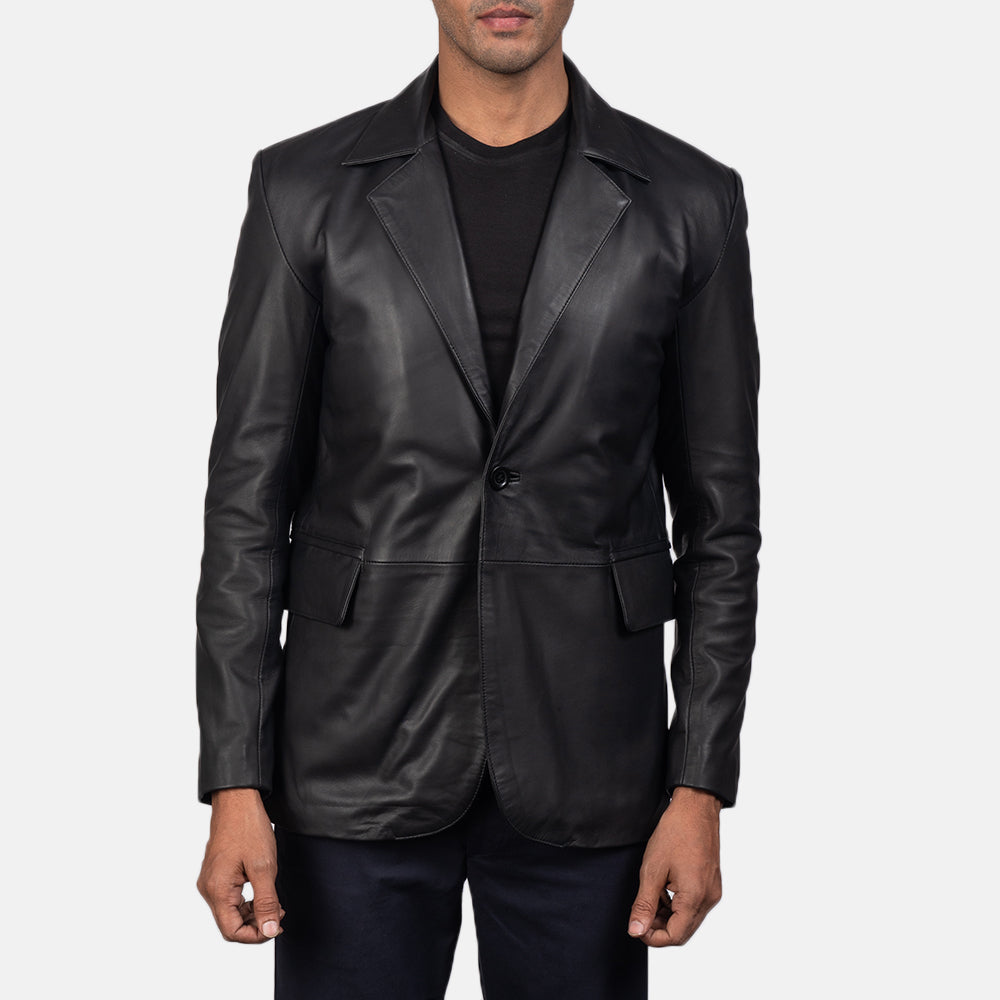 Men's Daron Noir Blazer en Cuir en Cuir pour Homme in Black Sheepskin Leather - Vue de face &amp; silhouette ajustée | Acheter en ligne