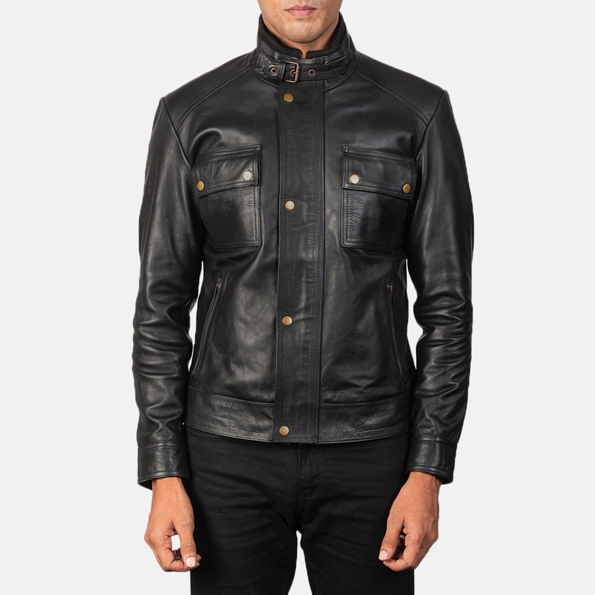 Men's Darren Black Leather Biker Jacket in Black 100% Full-Grain Leather - Vue de face &amp; silhouette ajustée | Acheter en ligne