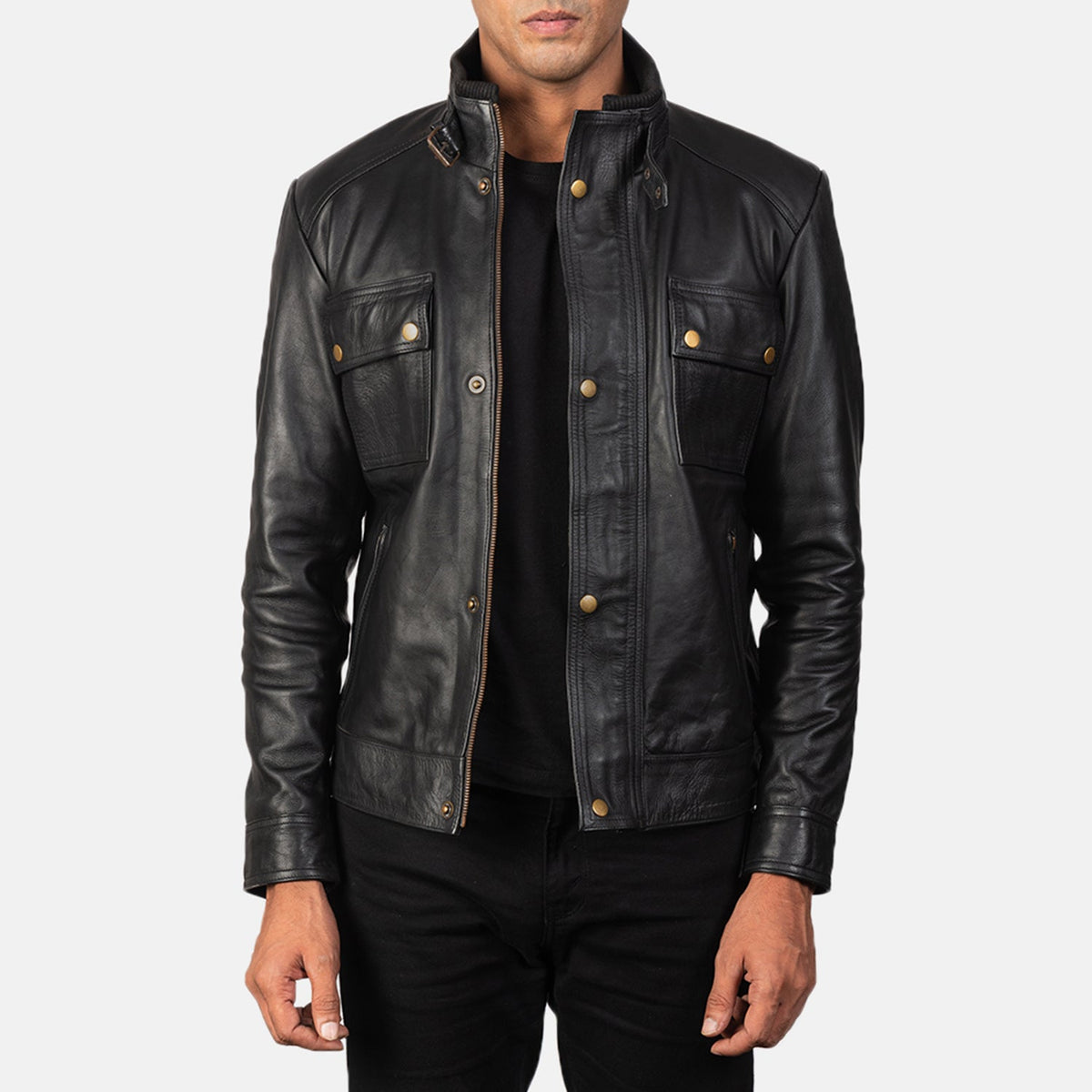 Men's Darren Black Leather Biker Jacket - Vue de profil avec coupe de manche ergonomique