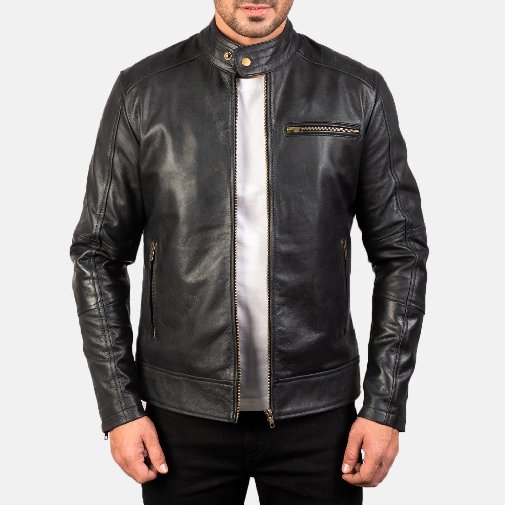 
Dean Noir Veste Motard en Cuir pour Homme en cuir de vachette noir véritable - Vue de face & silhouette ajustée | Acheter en ligne