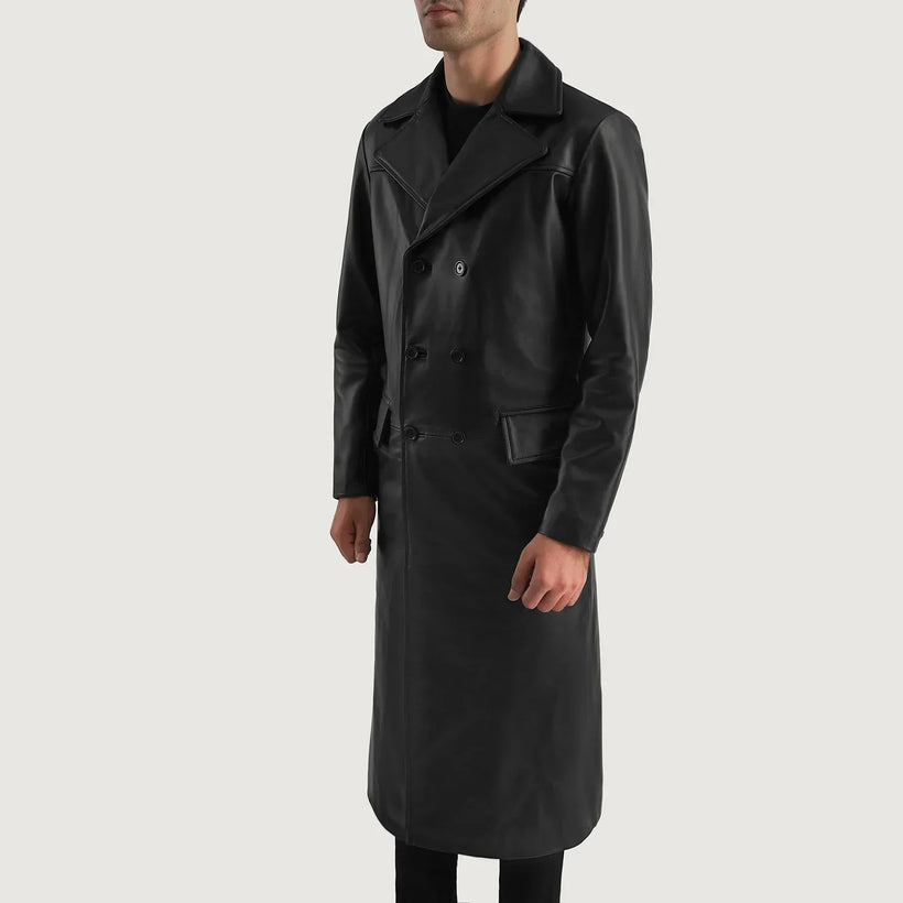 Delmar Noir Leather Double-Breasted Manteau en Cuir pour Homme