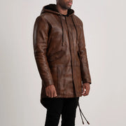Styled Fit Perspective of Delvin Tan Leather Parka on Model - Natural Daylight Drape