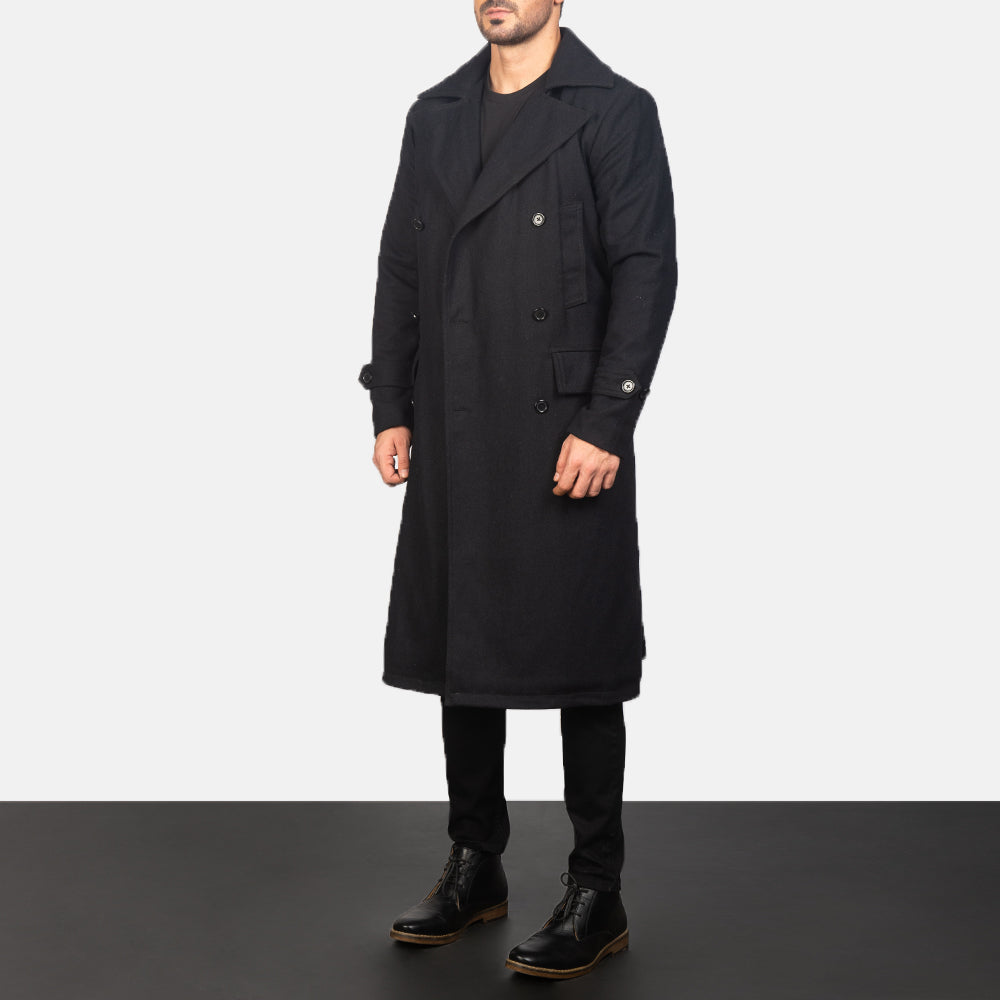 
Detective Noir Wool Manteau en Cuir pour Homme - Vue arrière montrant la carrure ajustée et l'ourlet net