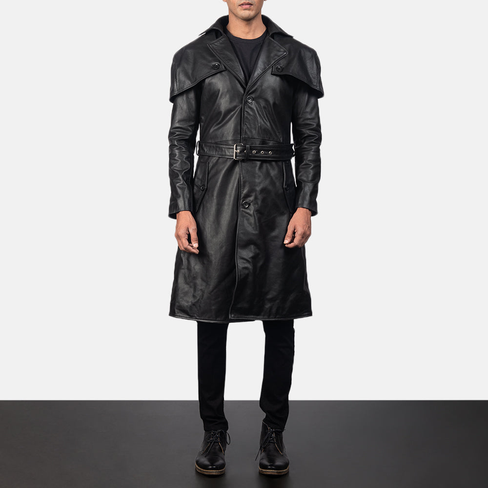 Black Cowhide Leather Trench Coat - Vue de dos avec coupe ajustée aux épaules &amp; ourlet soigné