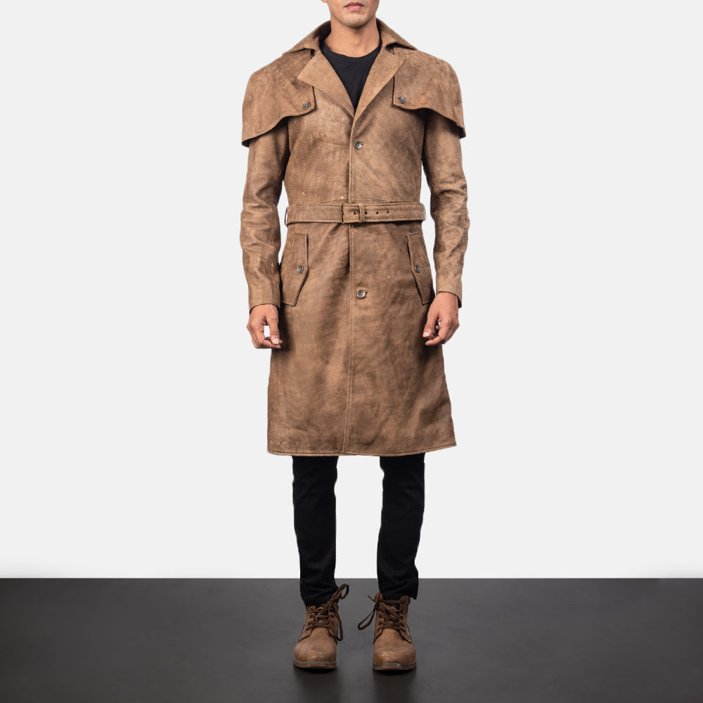 Vue détaillée of Classic Collar &amp; Buttons + Belt Hardware on Men's Deux Marron Leather Duster pour Homme