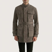 Vue détaillée of High neck with Belt &amp; Snap button Hardware on Dolf Gris Veste en Daim pour Homme