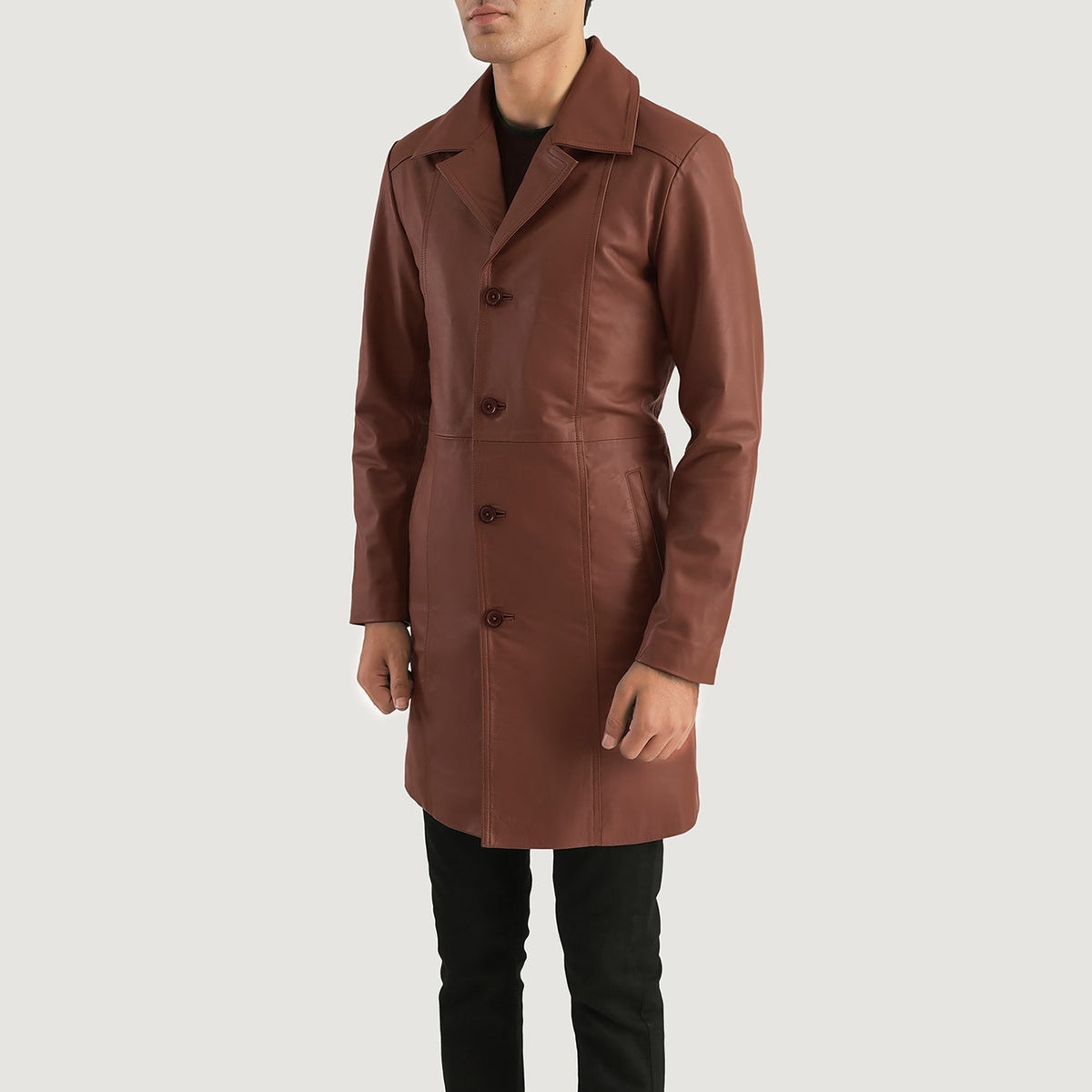 
Brown Cowhide leather Coat - Vue arrière montrant la carrure ajustée et l'ourlet net