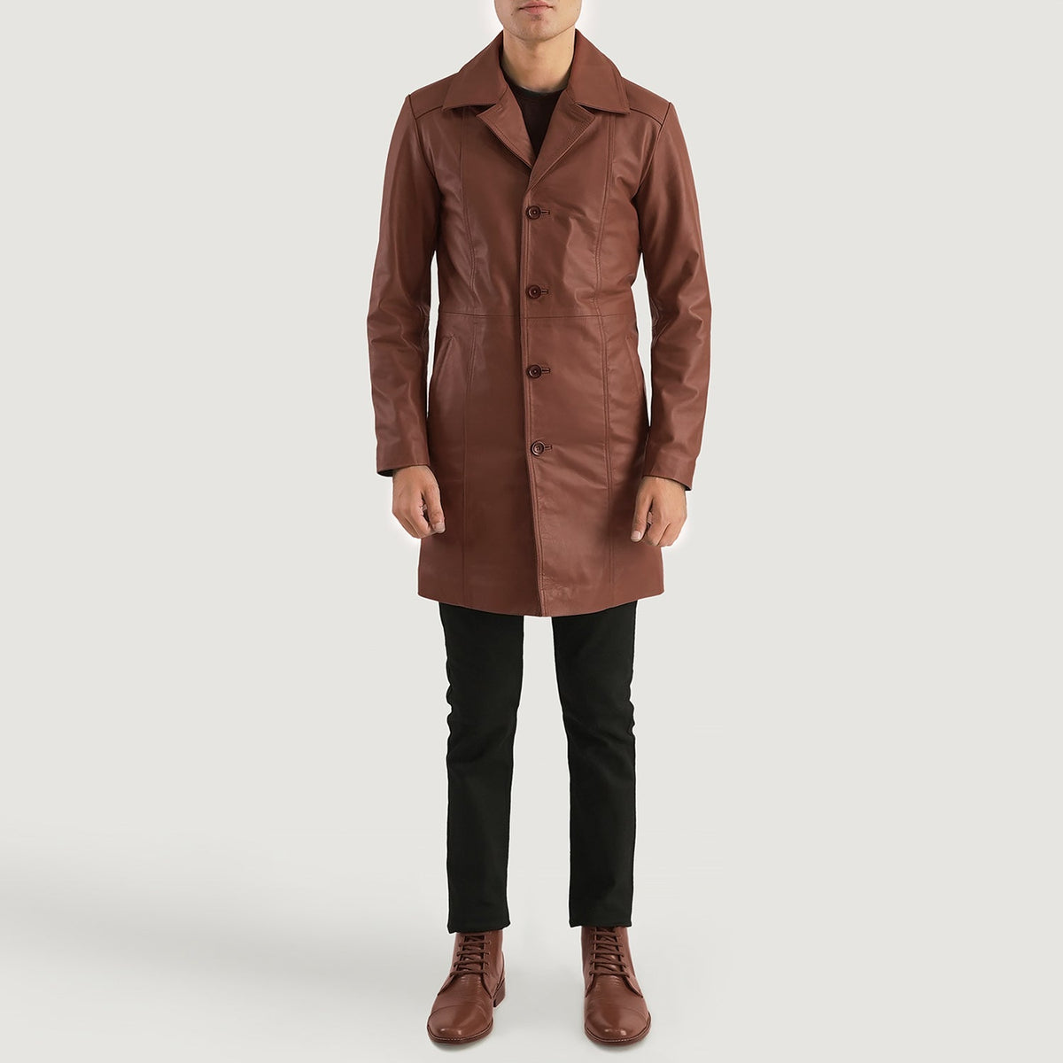 
Don Long Marron Manteau en Cuir pour Homme - Vue de profil mettant en valeur la coupe de manche ergonomique