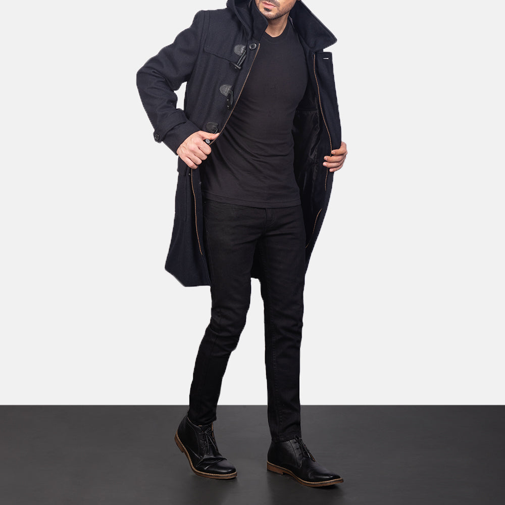 Men's Drake Black Wool Duffle Coat in Black Synthetic Wool - Vue de face &amp; silhouette ajustée | Acheter en ligne