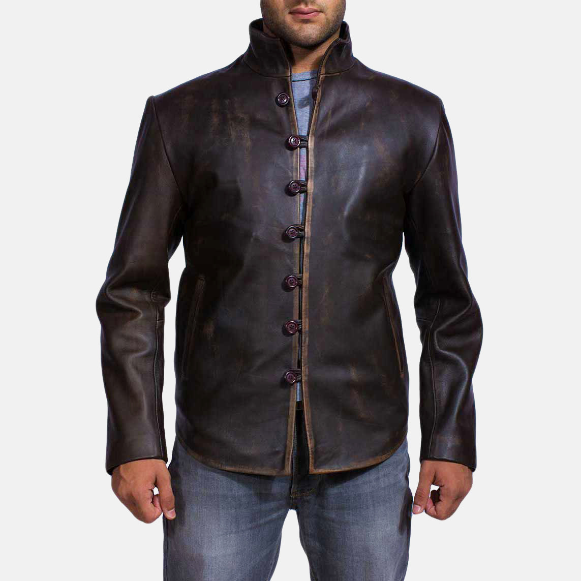 Men's Drakeshire Marron Veste en Cuir pour Homme in Distressed Brown Goatskin Leather - Vue de face &amp; silhouette ajustée | Acheter en ligne