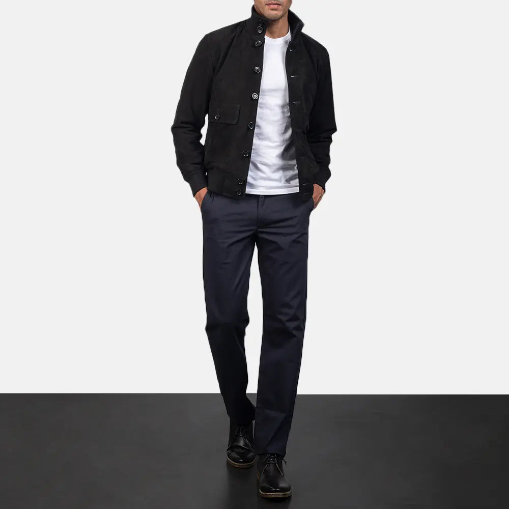 Vue détaillée of Knit Rib &amp; Button Hardware on Men's Eaton Brown Suede Bomber Jacket