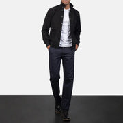 Vue détaillée of Knit Rib &amp; Button Hardware on Men's Eaton Brown Suede Bomber Jacket