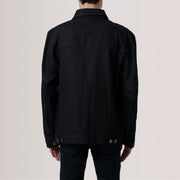 Vue détaillée of Classic Collar &amp; Heavy-Duty Zipper Hardware on Eddie Noir Oversized Denim Trucker Veste en Cuir pour Homme For Men
