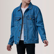 Eddie Dark Bleu Oversized Denim Trucker Veste en Cuir pour Homme For Men in Dark Blue Full-Grain Leather - Vue de face &amp; silhouette ajustée | Acheter en ligne