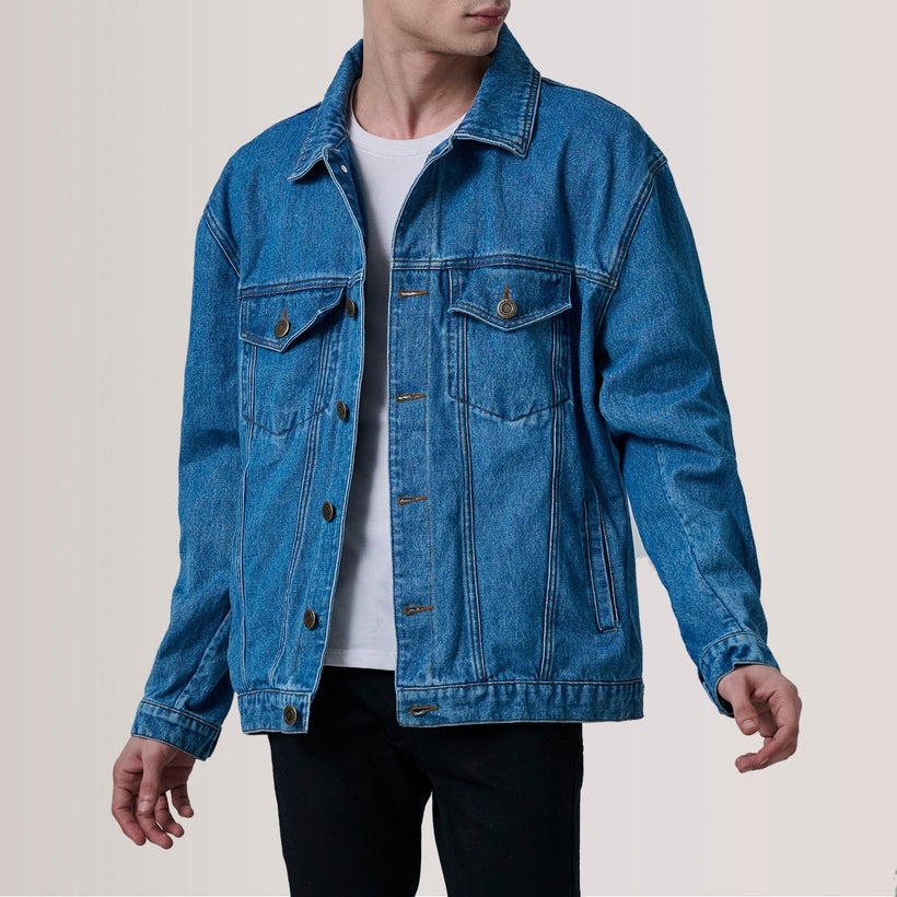 Eddie Dark Bleu Oversized Denim Trucker Veste en Cuir pour Homme