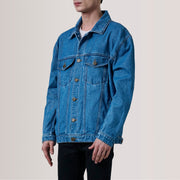 Eddie Dark Bleu Oversized Denim Trucker Veste en Cuir pour Homme For Men - Vue de profil mettant en valeur la coupe de manche
