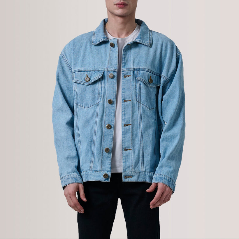 Eddie Light Bleu Oversized Denim Trucker Veste en Cuir pour Homme