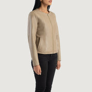 
Beige Sheepskin Leather Biker Jacket - Vue arrière montrant la carrure ajustée et l'ourlet net