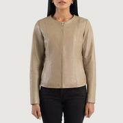 
Vue détaillée of Collarless & Zipper Hardware on Elixir Beige Collarless Leather Jacket