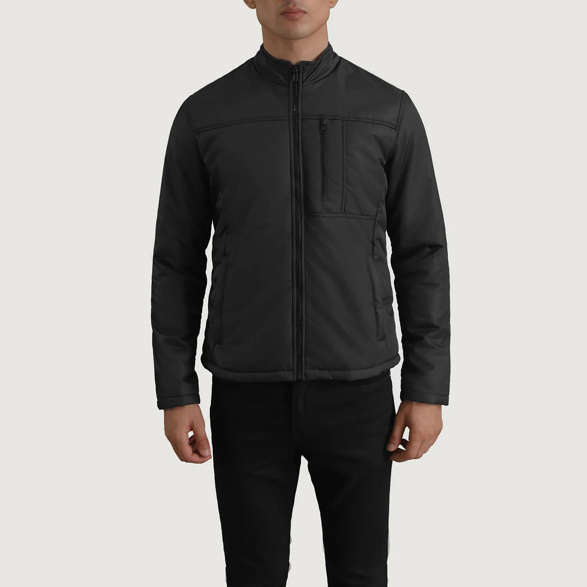 Vue détaillée of Classic Collar &amp; Zipper Hardware on Elliot Noir Lightweight Veste en Cuir pour Homme