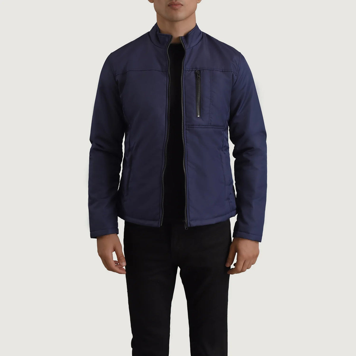 Elliot Bleu Lightweight Veste en Cuir pour Homme in Blue Full-Grain Leather - Vue de face &amp; silhouette ajustée | Acheter en ligne