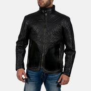 Equilibrium Noir Veste en Cuir pour Homme in Black Sheepskin Leather - Vue de face &amp; silhouette ajustée | Acheter en ligne