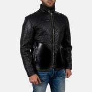 Vue détaillée of High neck with Belt &amp; Zipper Hardware on Equilibrium Noir Veste en Cuir pour Homme