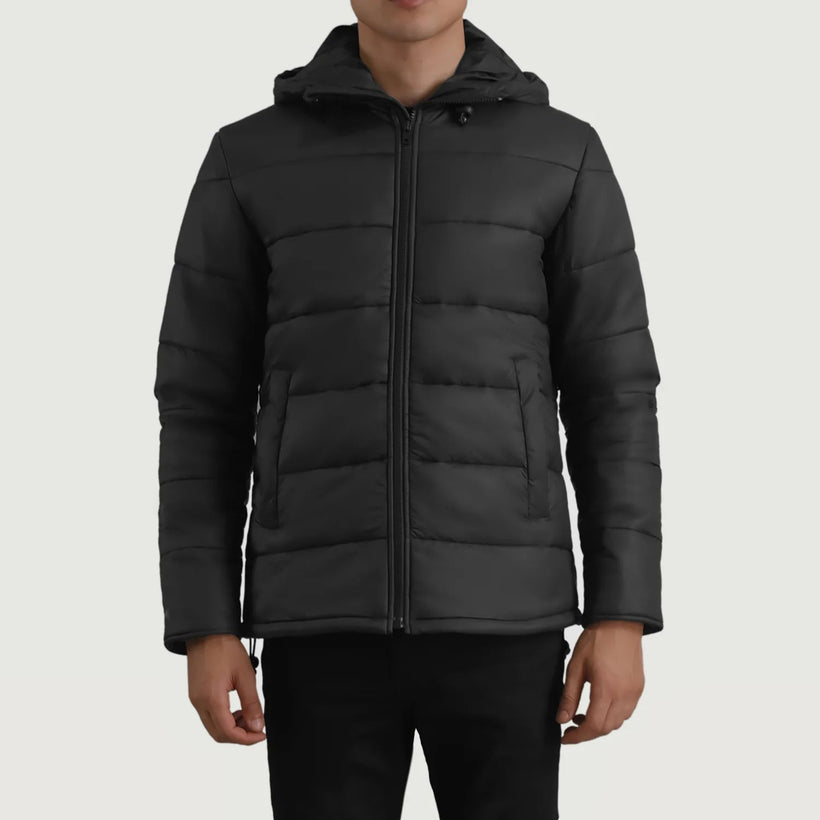 Erico Noir Hooded Puffer Veste en Cuir pour Homme
