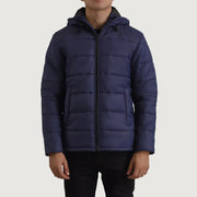 
Erico Bleu Hooded Puffer Veste en Cuir pour Homme - Vue de face & silhouette ajustée | Acheter en ligne