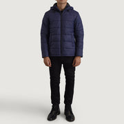 
Erico Bleu Hooded Puffer Veste en Cuir pour Homme - Vue de profil mettant en valeur la coupe de manche ergonomique