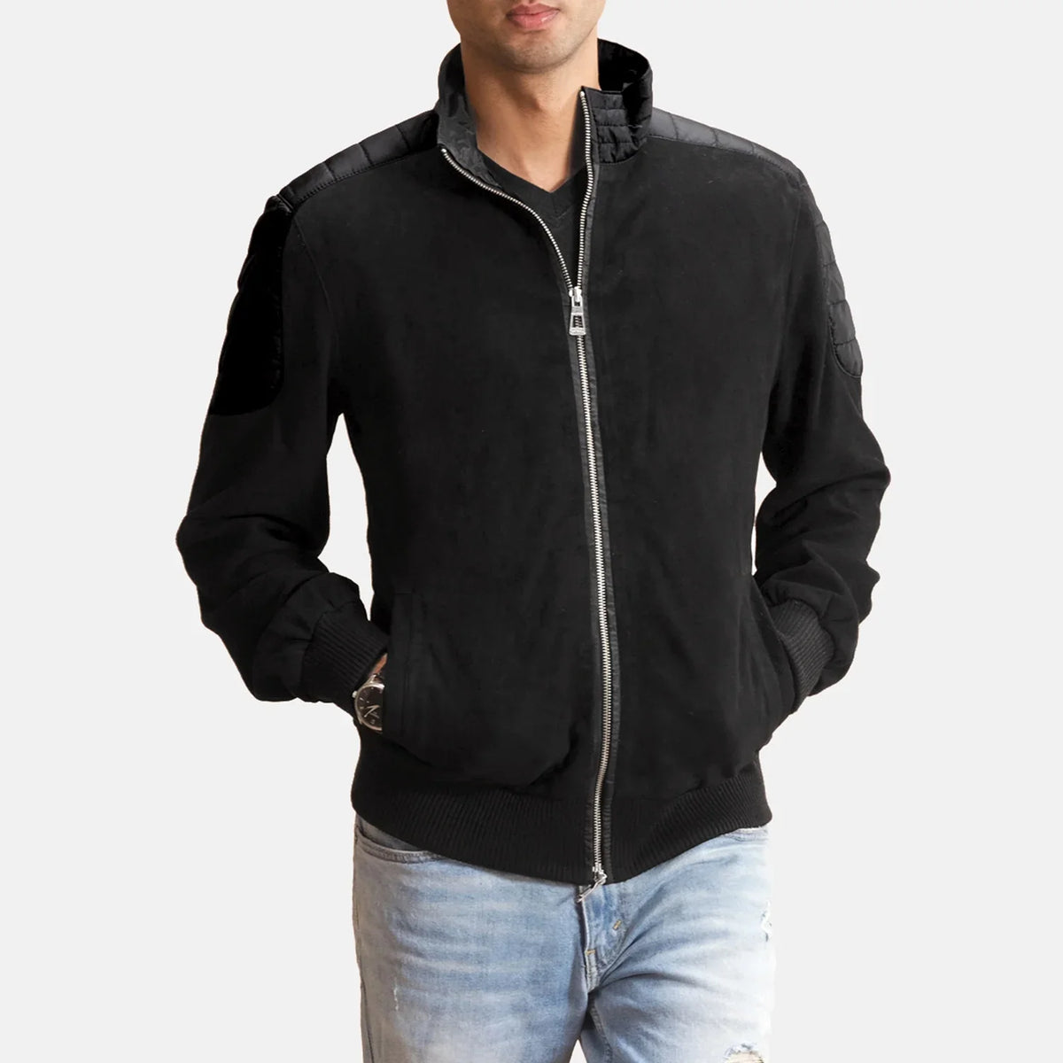 Men's Ethan Hybrid Suede Blouson Bomber en Cuir pour Homme in Black Goatskin Suede - Vue de face &amp; silhouette ajustée | Acheter en ligne